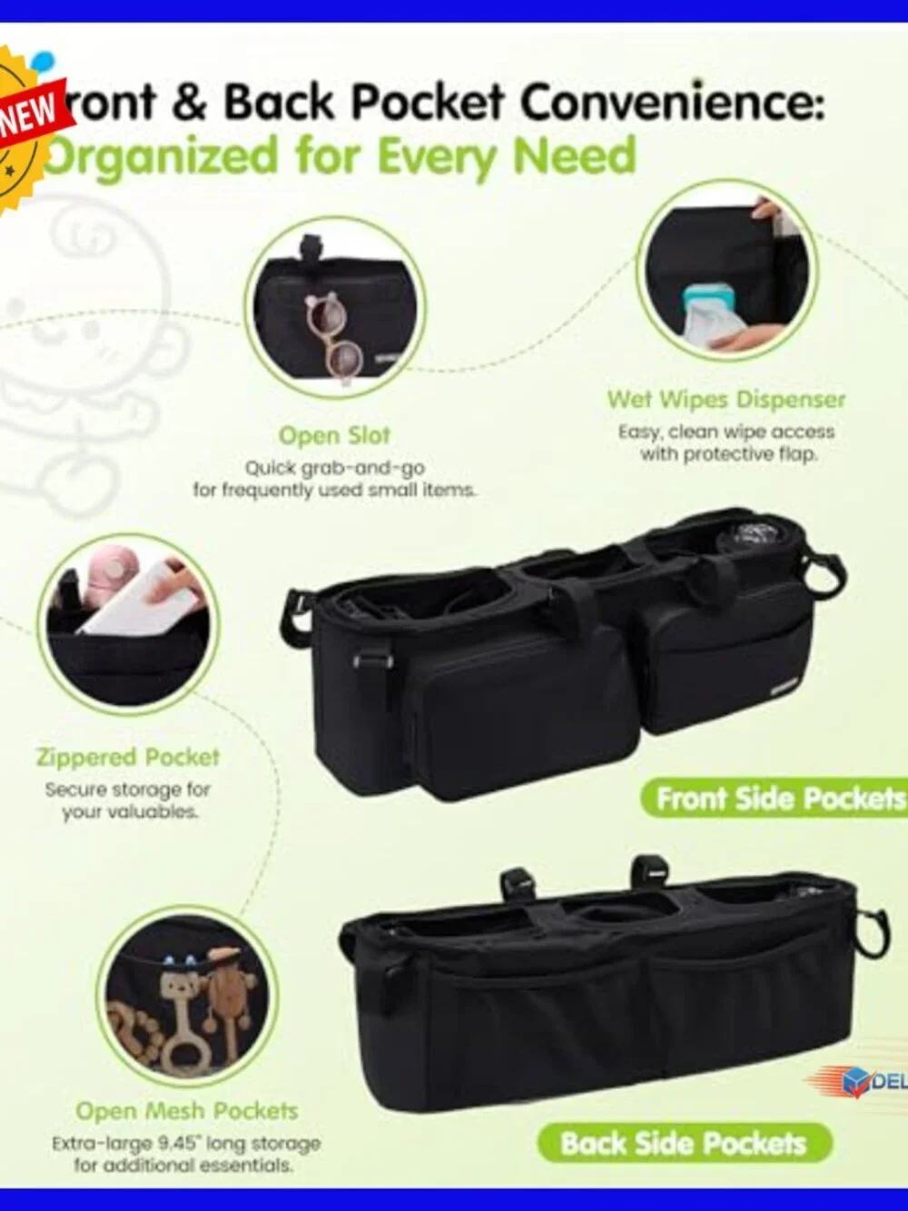 Double Stroller Organizer with 11 Compartments, 2 Insulated Pockets